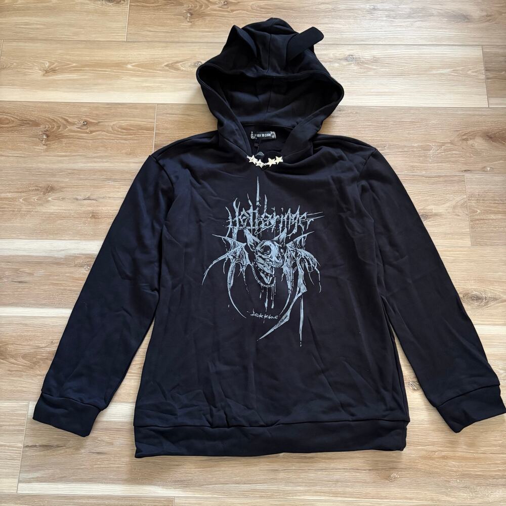 Dark in Love Black Bat Ear Heart Tail Hoodie M